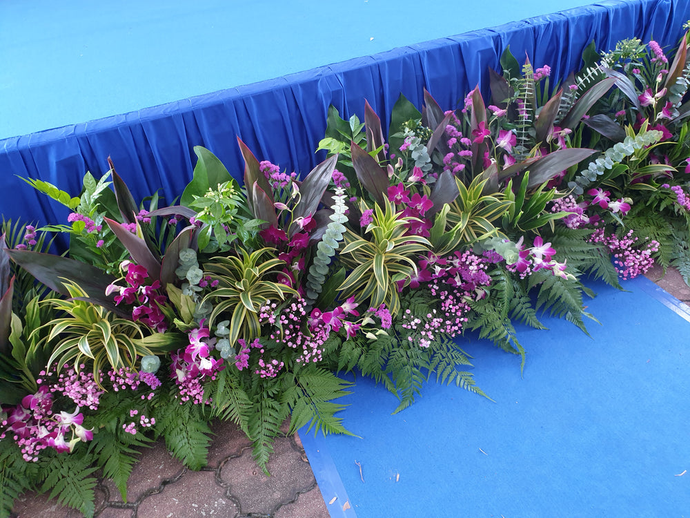 stage floral design using orchids, ferns, songs of india, ferns....