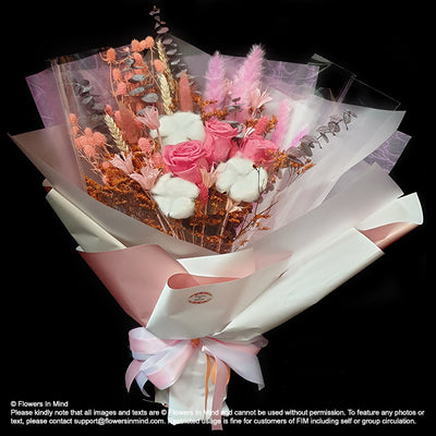 Lovely Pink Preserved Roses and White Cotton Bouquet (FOREVER16)