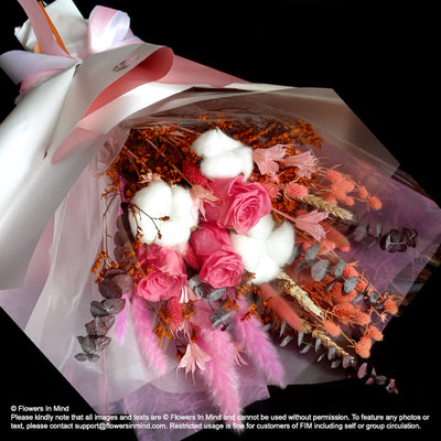 Lovely Pink Preserved Roses and White Cotton Bouquet (FOREVER16)