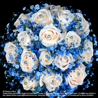 White Rose with Blue Gypsophila Bridal Bouquet in natural stem (WD165) - Flowers-In-Mind