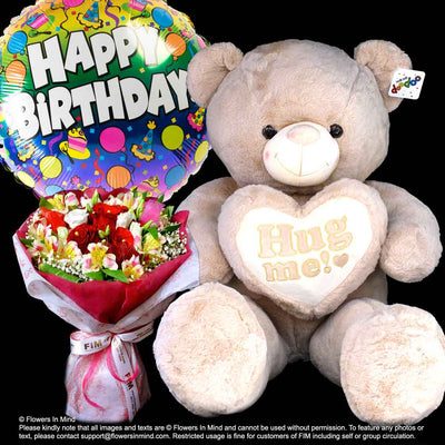 Bear, Helium Balloon With Flowers (BHF21) - Flowers-In-Mind