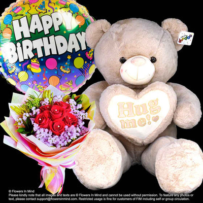 Bear, Helium Balloon With Flowers (BHF21) - Flowers-In-Mind