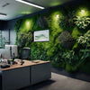 A vibrant and lush office environment with an array of green plants, creating a refreshing and visually appealing workspace that promotes employee well-being and productivity.