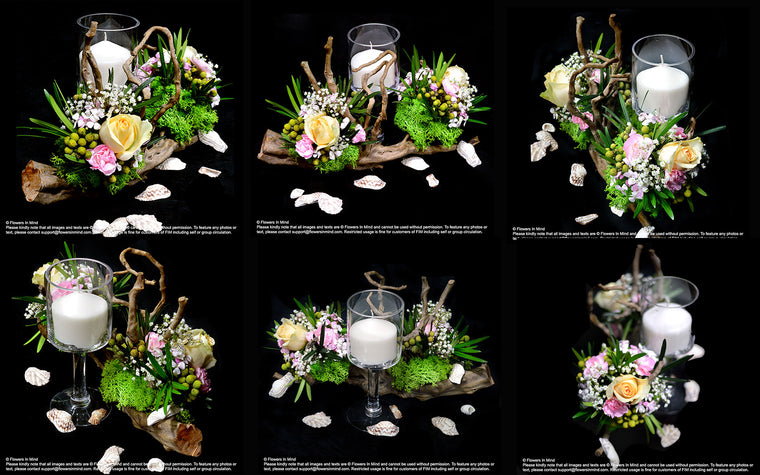 flowers on floating wood and candles design