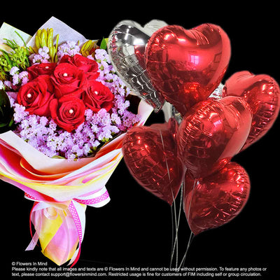 Flowers with helium balloon Valentine day best gift (BHB01) - Flowers-In-Mind