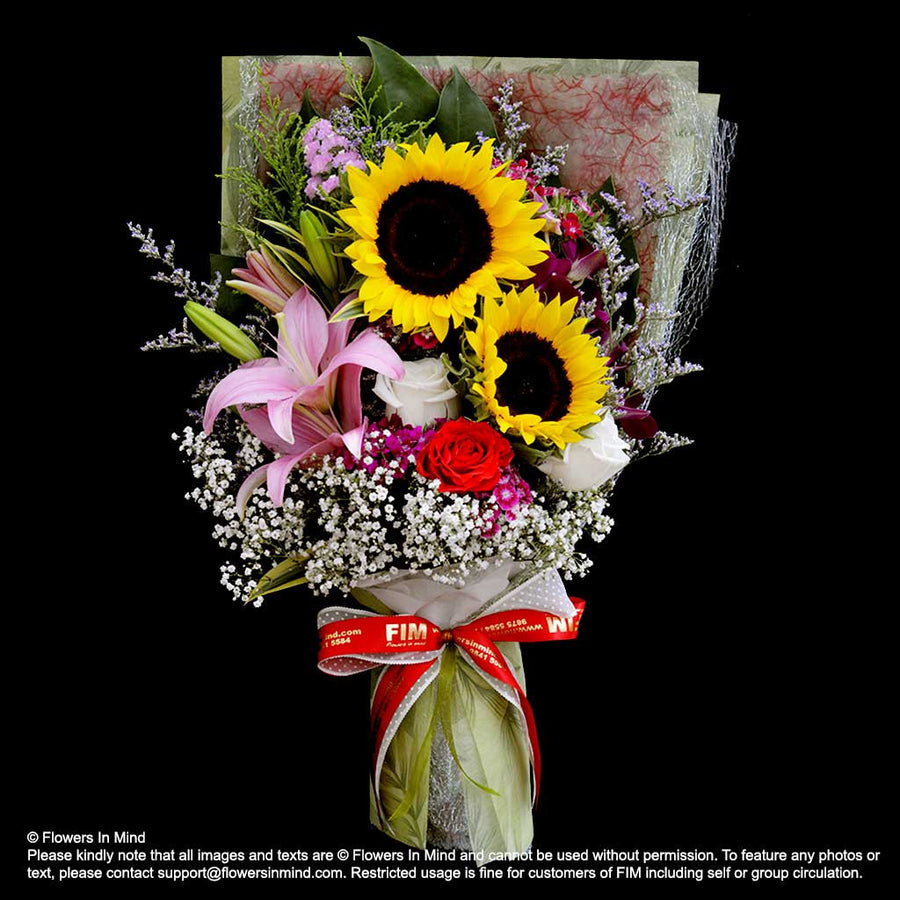 Bouquet of Sunflower, Roses & Lilies (HB309) - Flowers-In-Mind