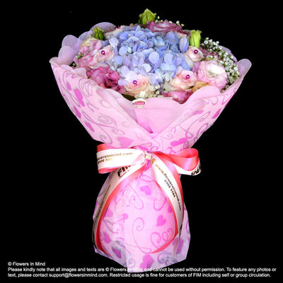 Bouquet of Hydrangea, Roses and Eustomas (HB383) - Flowers-In-Mind