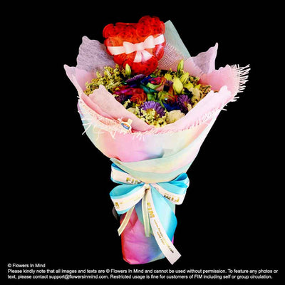 Bouquet of RAINBOW Roses and Eustomas (HB402) - Flowers-In-Mind