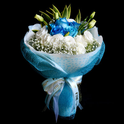 Bouquet of Blue Roses and White Eustomas (HB65) - FLOWERS IN MIND