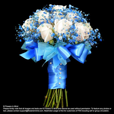 White Rose with Blue Gypsophila Bridal Bouquet in natural stem (WD165) - Flowers-In-Mind