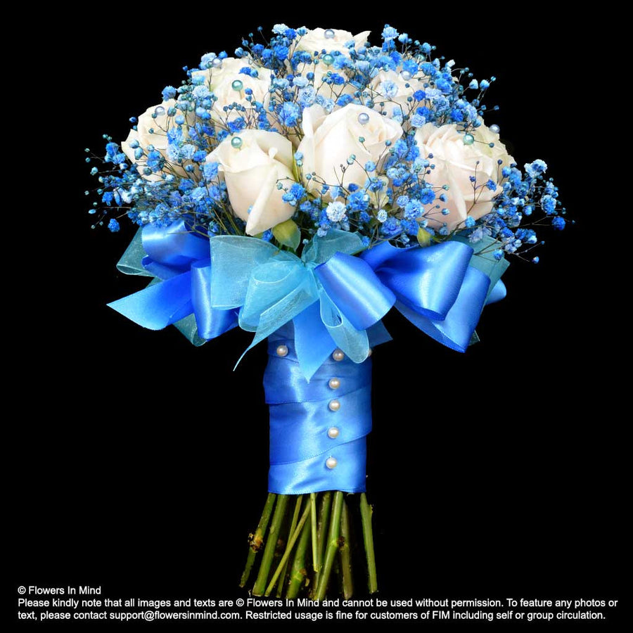 White Rose with Blue Gypsophila Bridal Bouquet in natural stem (WD165) - Flowers-In-Mind